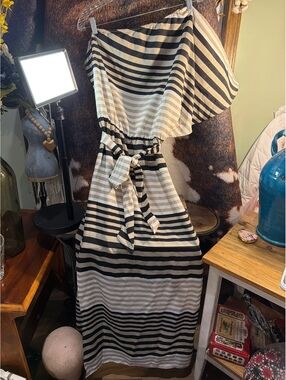Mud Pie One Shoulder Striped Maxi Dress with Belt - Size M